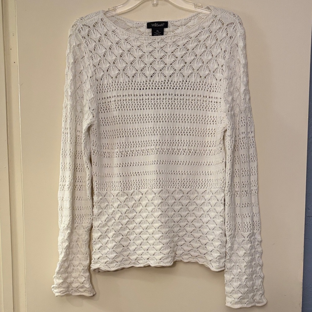 Willi Smith Women’s White Open Knit‎ Long Sleeve Boho Sweater, size XL